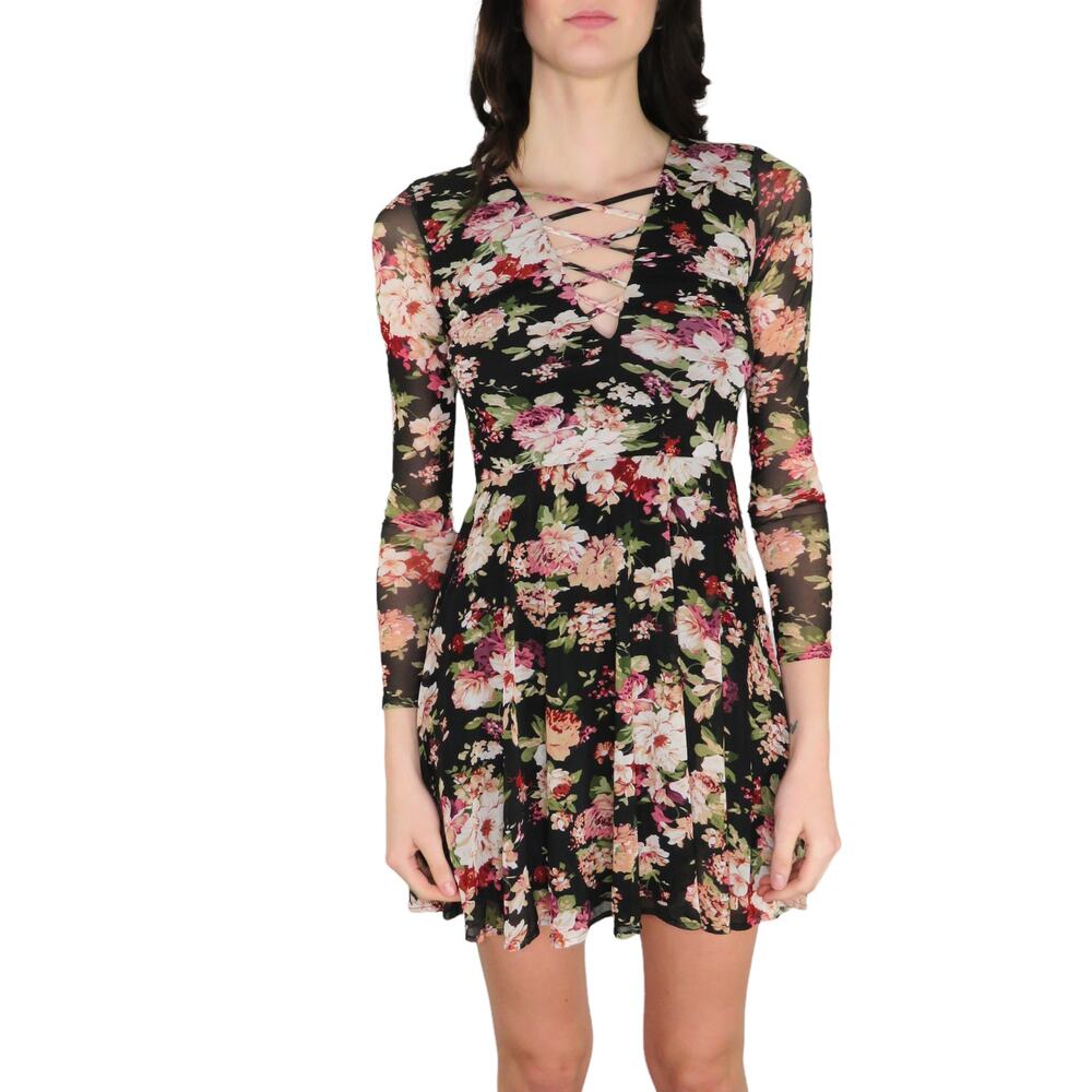 Charlotte Russe Caged Floral Mini Dress Long Sleeve Corset Plunge Neck Small